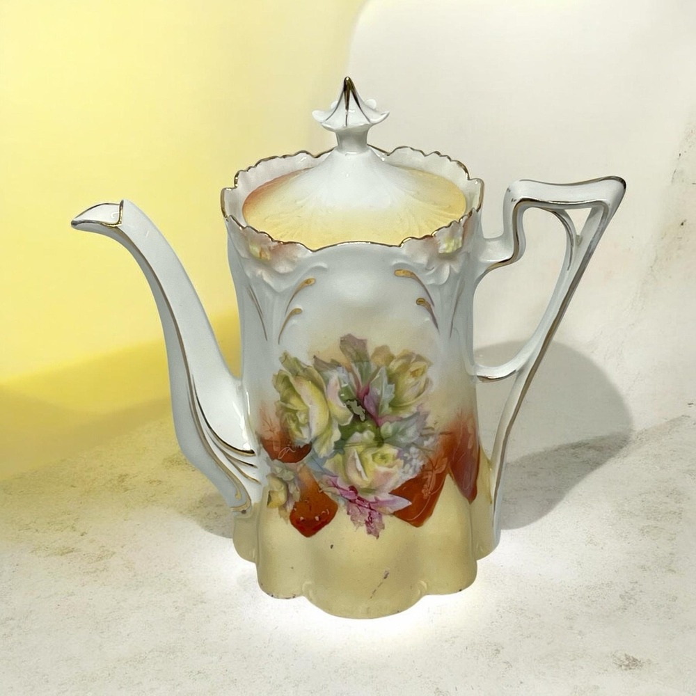 Antique Germany Royal Erfurt Hand Painted Floral Chocolate Pot Early‎ 1900s